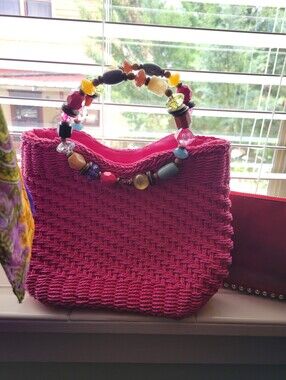 Capelli of New York Pink Woven Tote with Multicolor Beaded Handle